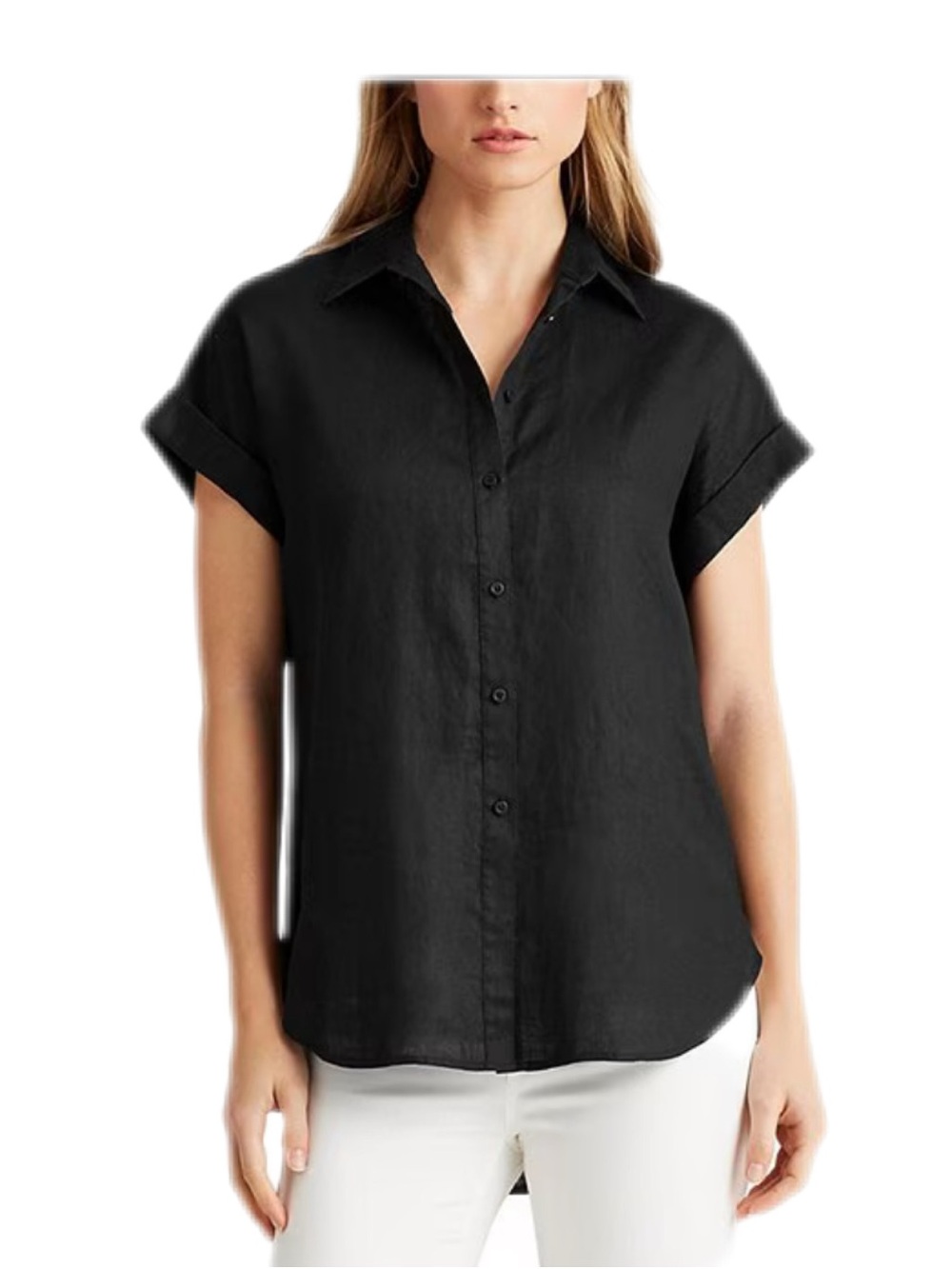 Lauren Ralph Lauren Black 100% Linen Cuffed Dolman Sleeve Button-Down Shirt